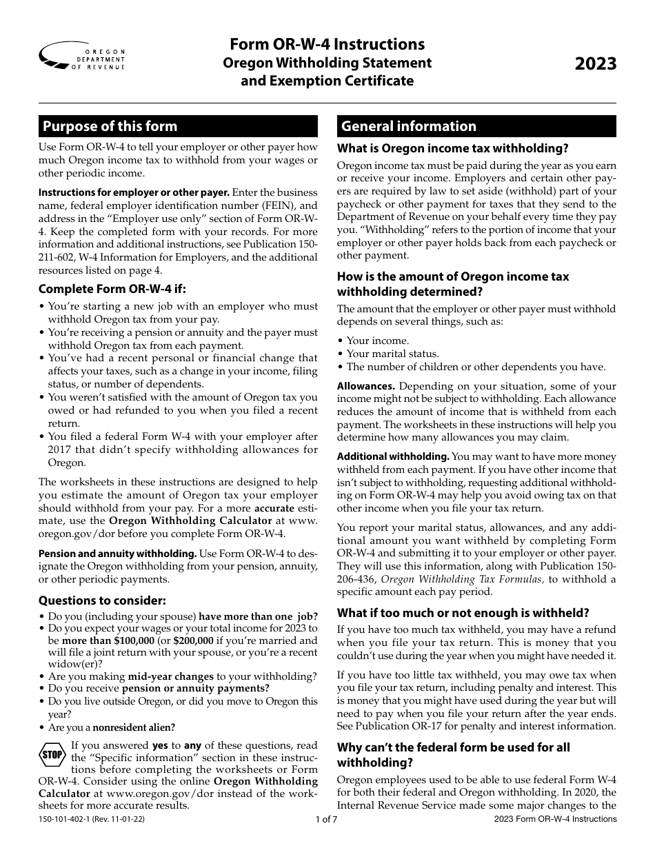 Instructions for Form OR-W-4, 150-101-402 Oregon Withholding Statement and Exemption Certificate - Oregon, Page 1