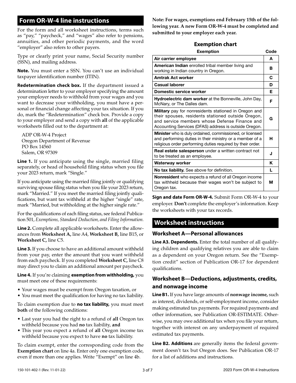 Instructions for Form OR-W-4, 150-101-402 Oregon Withholding Statement and Exemption Certificate - Oregon, Page 3