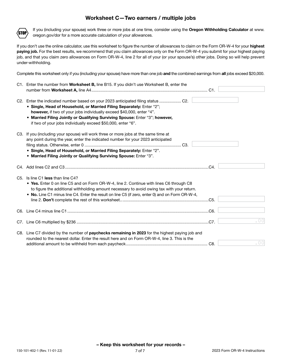 Instructions for Form OR-W-4, 150-101-402 Oregon Withholding Statement and Exemption Certificate - Oregon, Page 7