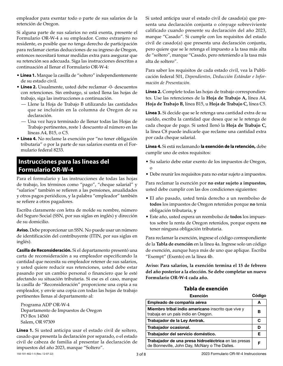 Instrucciones para Formulario OR-W-4, 150-101-402-5 Declaracion De Retencion Y Certificado De Exencion De Oregon - Oregon (Spanish), Page 3