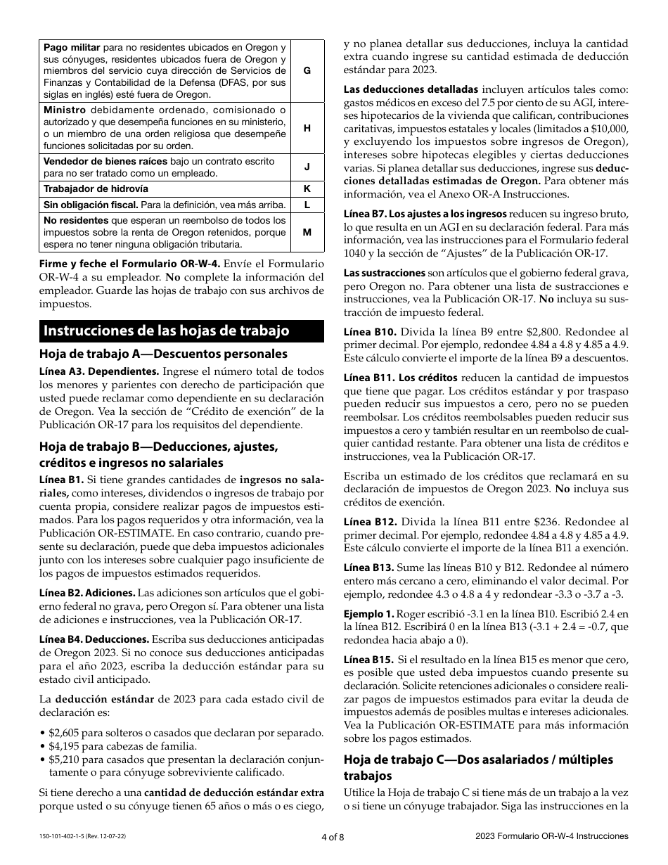 Instrucciones para Formulario OR-W-4, 150-101-402-5 Declaracion De Retencion Y Certificado De Exencion De Oregon - Oregon (Spanish), Page 4