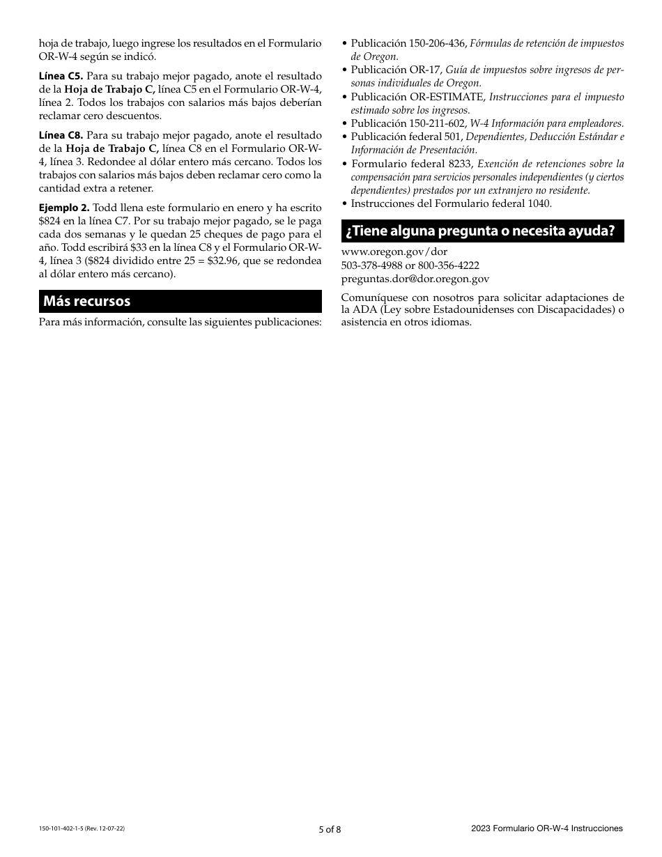 Instrucciones para Formulario OR-W-4, 150-101-402-5 Declaracion De Retencion Y Certificado De Exencion De Oregon - Oregon (Spanish), Page 5