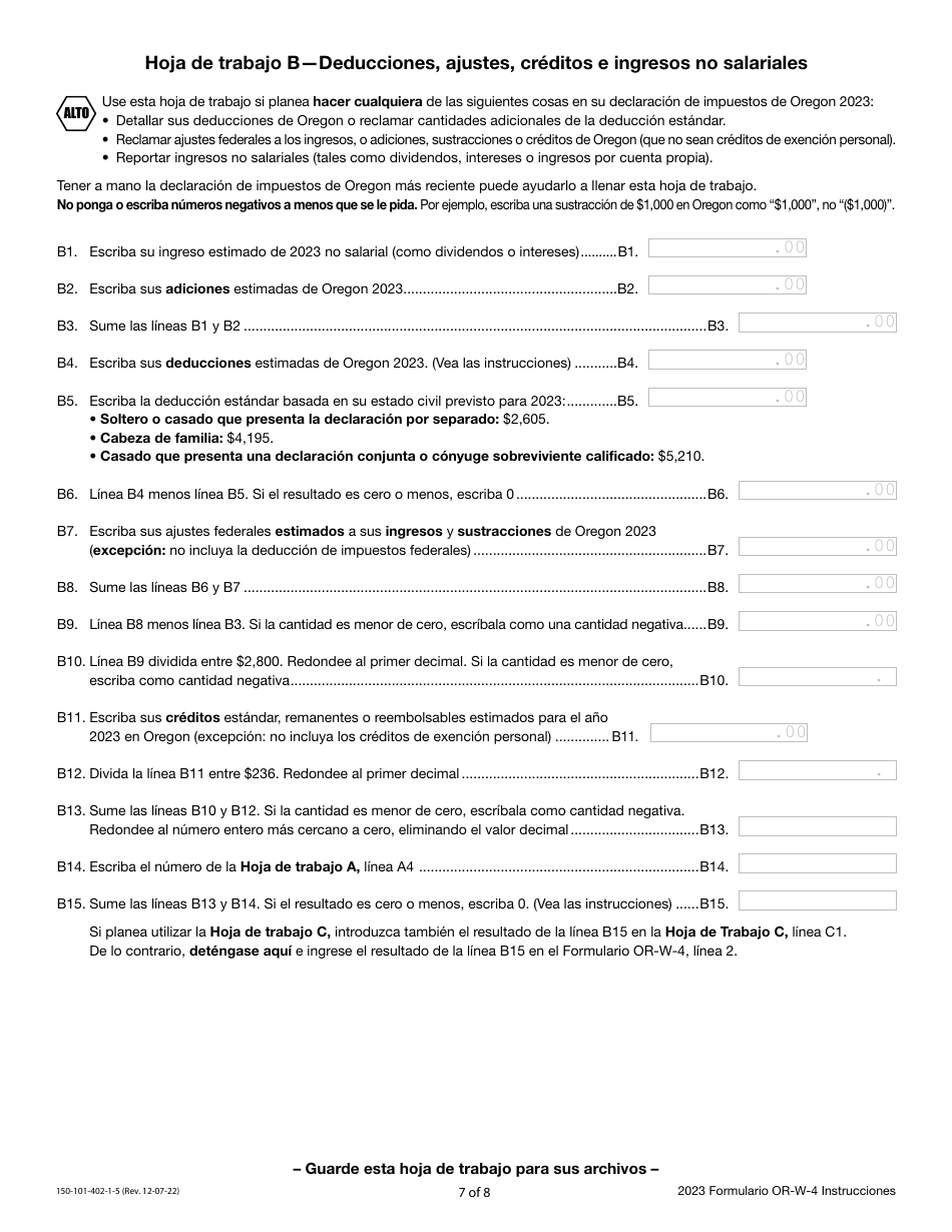 Instrucciones para Formulario OR-W-4, 150-101-402-5 Declaracion De Retencion Y Certificado De Exencion De Oregon - Oregon (Spanish), Page 7