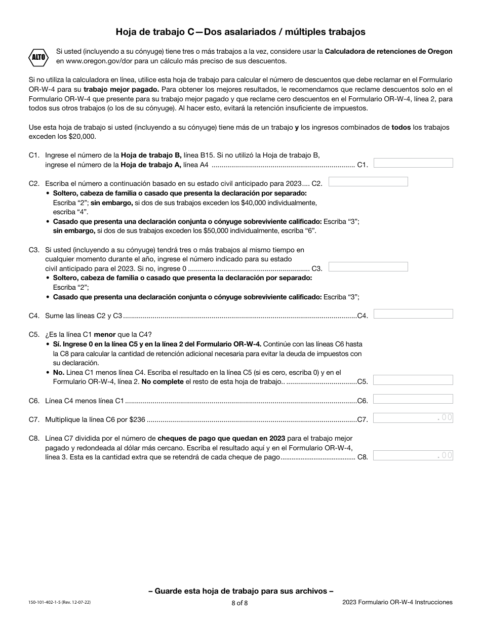 Instrucciones para Formulario OR-W-4, 150-101-402-5 Declaracion De Retencion Y Certificado De Exencion De Oregon - Oregon (Spanish), Page 8