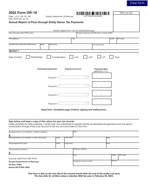 Form OR-19 (150-101-182) 2022 Printable Pdf