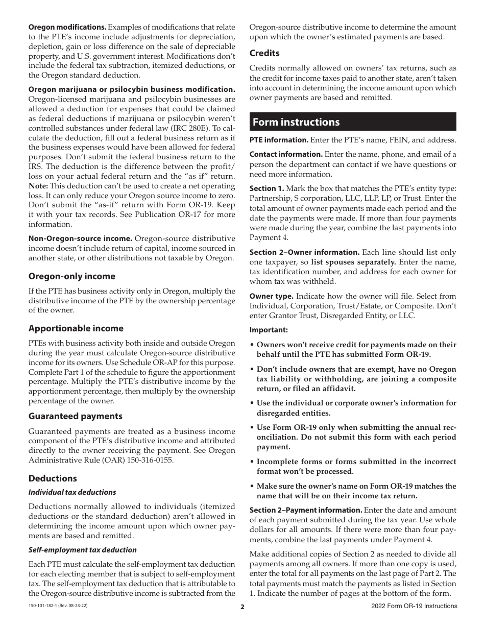 Instructions for Form OR-19, 150-101-182 Annual Report of Pass-Through Entity Owner Tax Payments - Oregon, Page 2