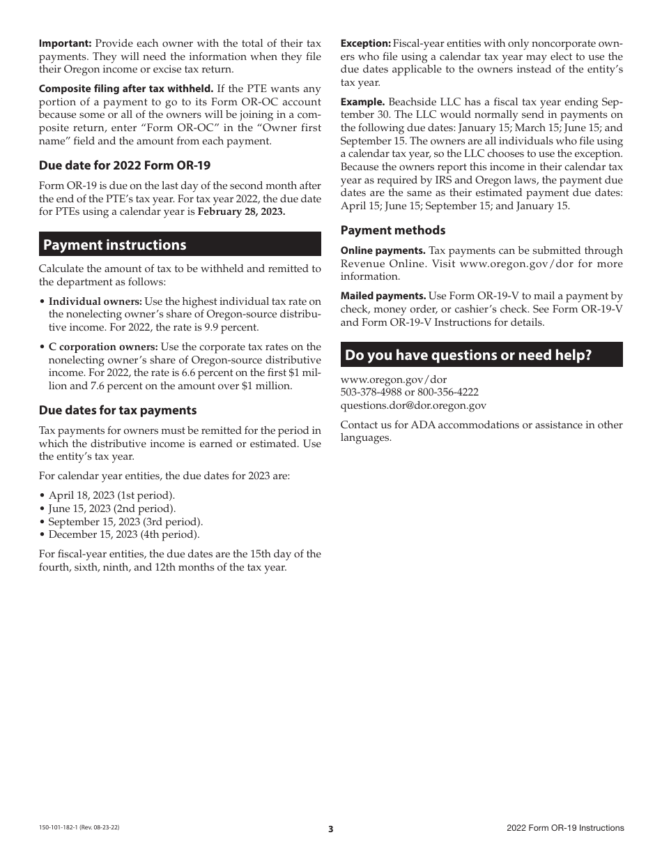 Instructions for Form OR-19, 150-101-182 Annual Report of Pass-Through Entity Owner Tax Payments - Oregon, Page 3