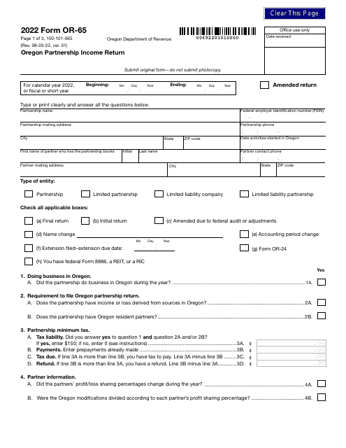 Form OR-65 (150-101-065) 2022 Printable Pdf