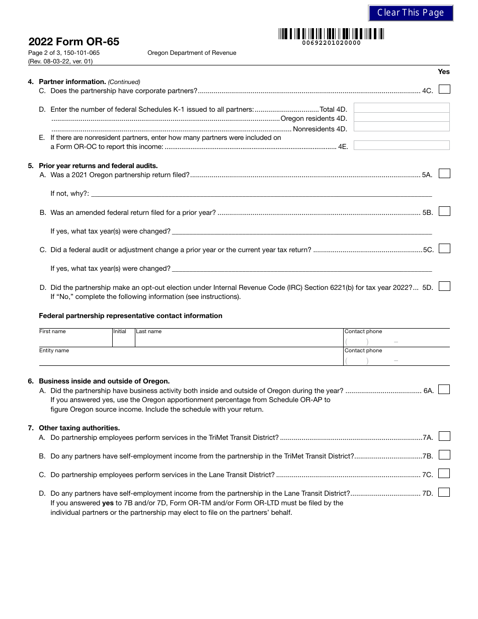 Form OR-65 (150-101-065) Oregon Partnership Income Return - Oregon, Page 2