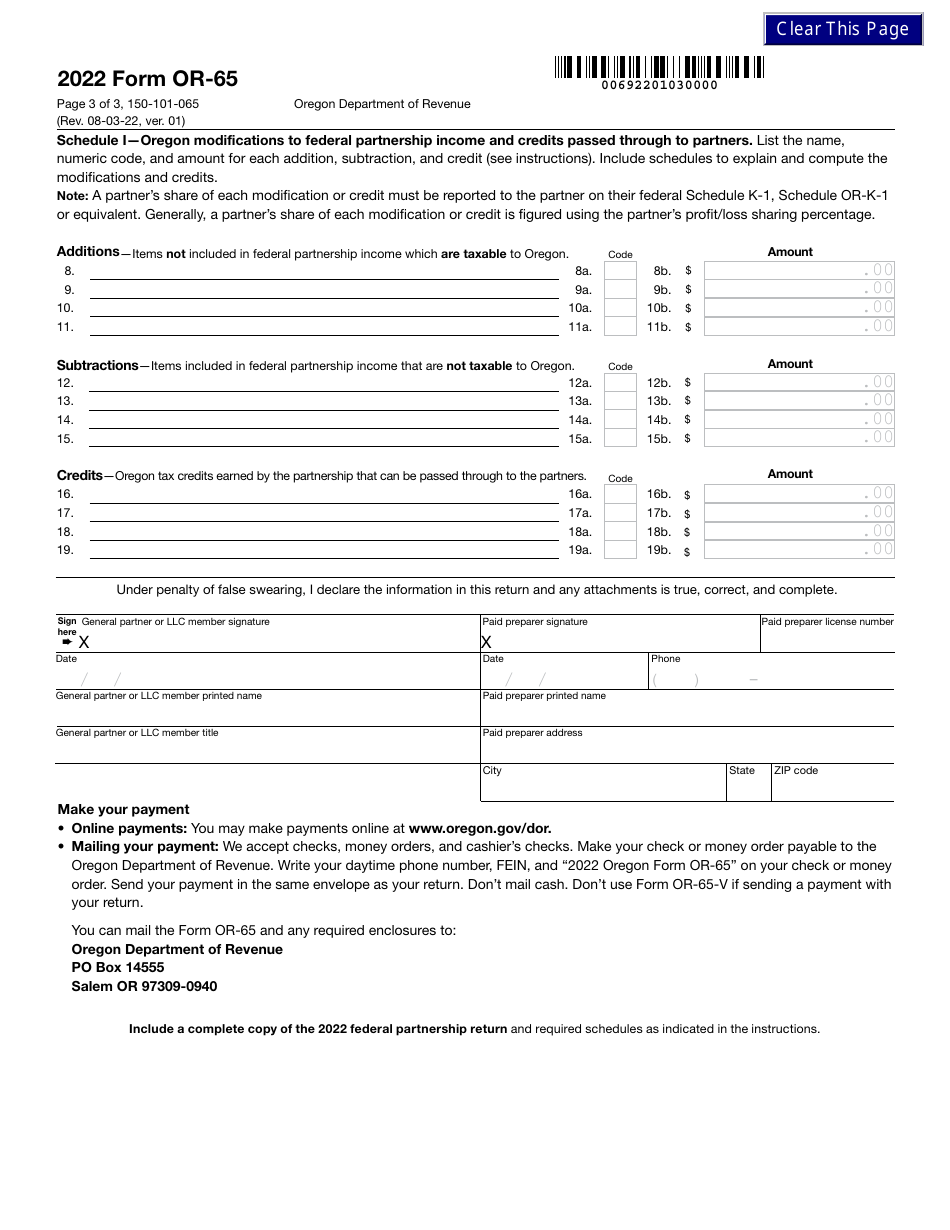 Form OR-65 (150-101-065) Oregon Partnership Income Return - Oregon, Page 3