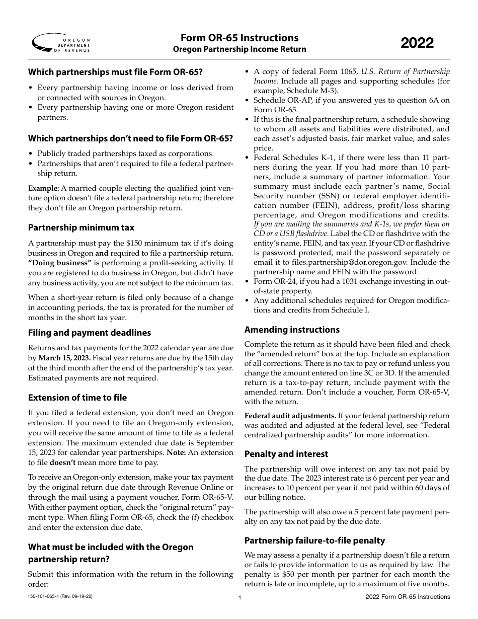 Instructions for Form OR-65, 150-101-065 Oregon Partnership Income Return - Oregon, Page 1