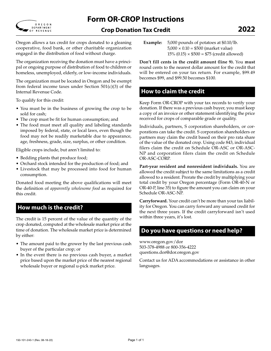 Instructions for Form OR-CROP, 150-101-240 Crop Donation Tax Credit - Oregon, Page 1