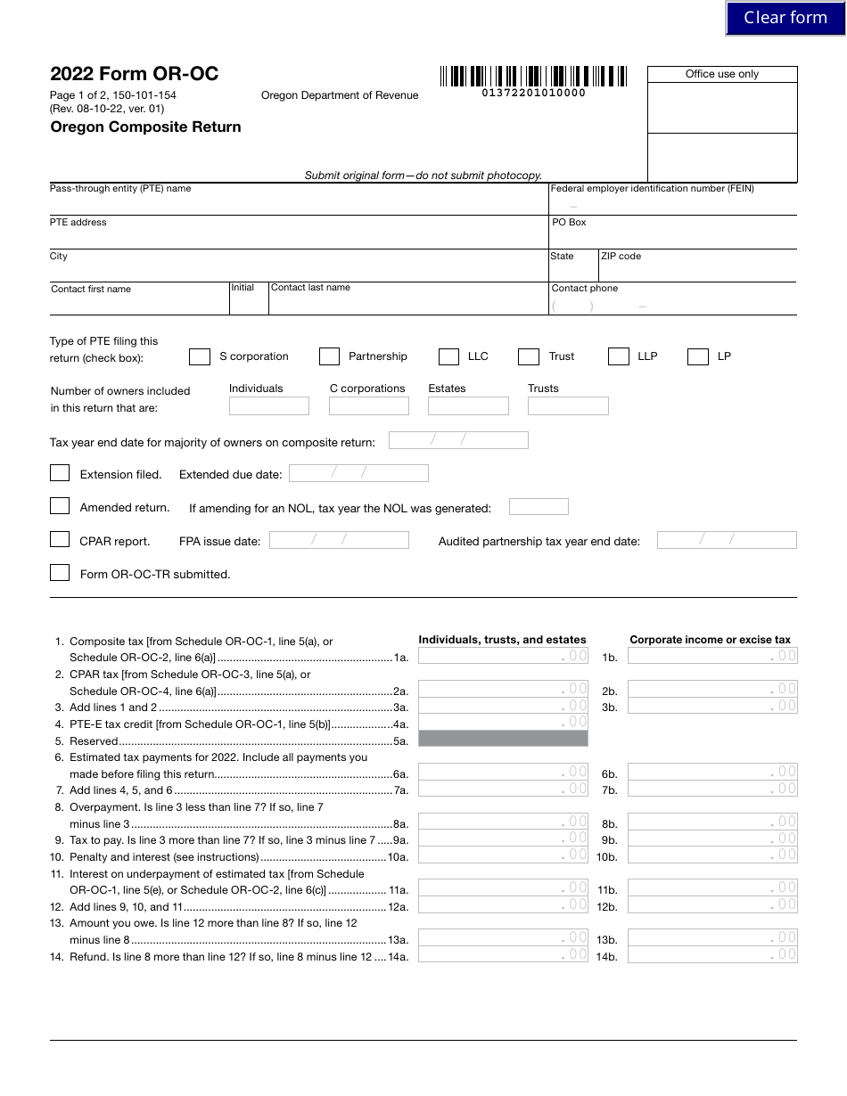 Form OR-OC (150-101-154) Oregon Composite Return - Oregon, Page 1