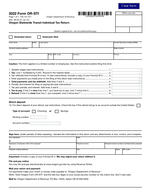 Form OR-STI (150-101-071) 2022 Printable Pdf