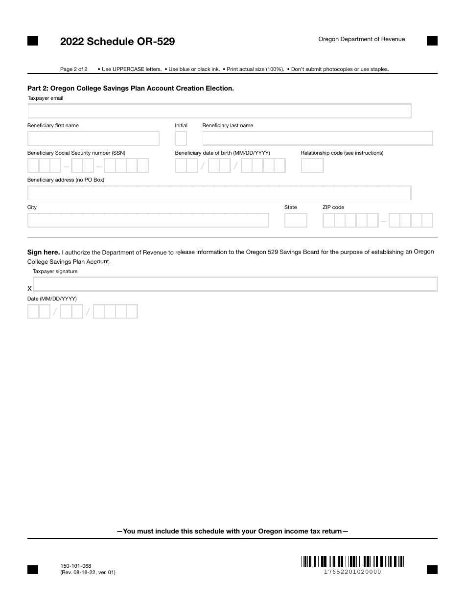 Form 150-101-068 Schedule OR-529 Oregon College Savings Plan Direct Deposit and Account Creation Election for Individual Income Tax Filers - Oregon, Page 2