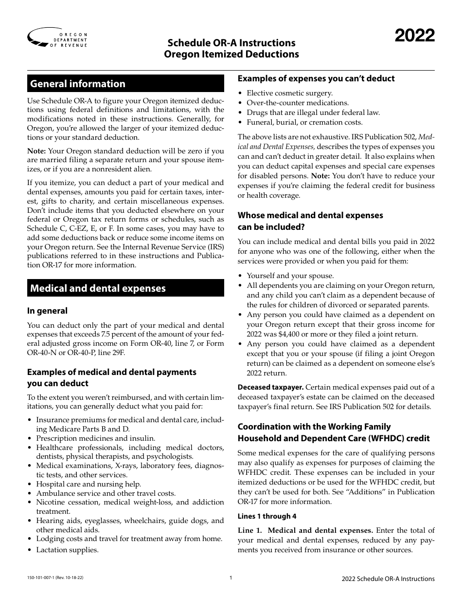 Instructions for Form 150-101-007 Schedule OR-A Oregon Itemized Deductions - Oregon, Page 1