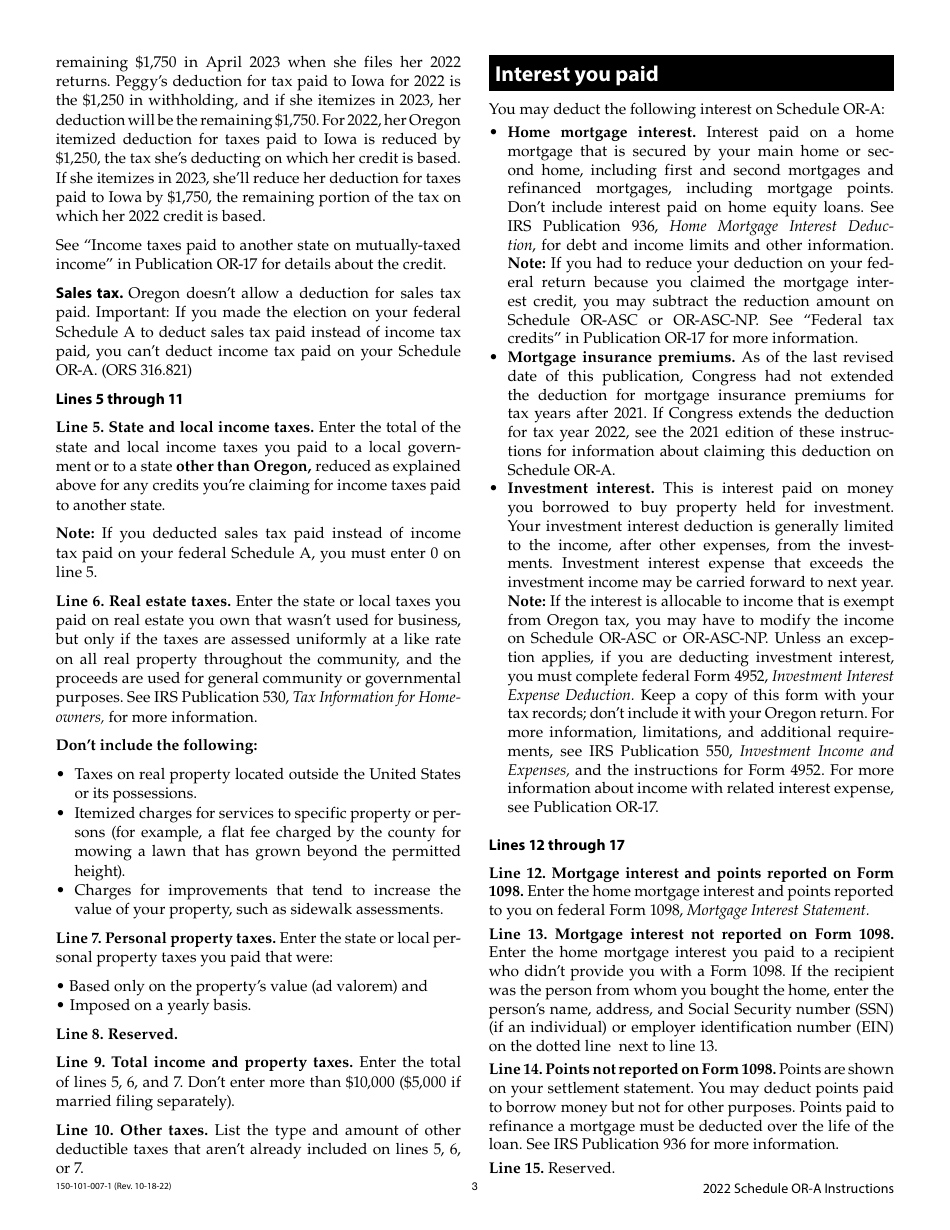 Instructions for Form 150-101-007 Schedule OR-A Oregon Itemized Deductions - Oregon, Page 3
