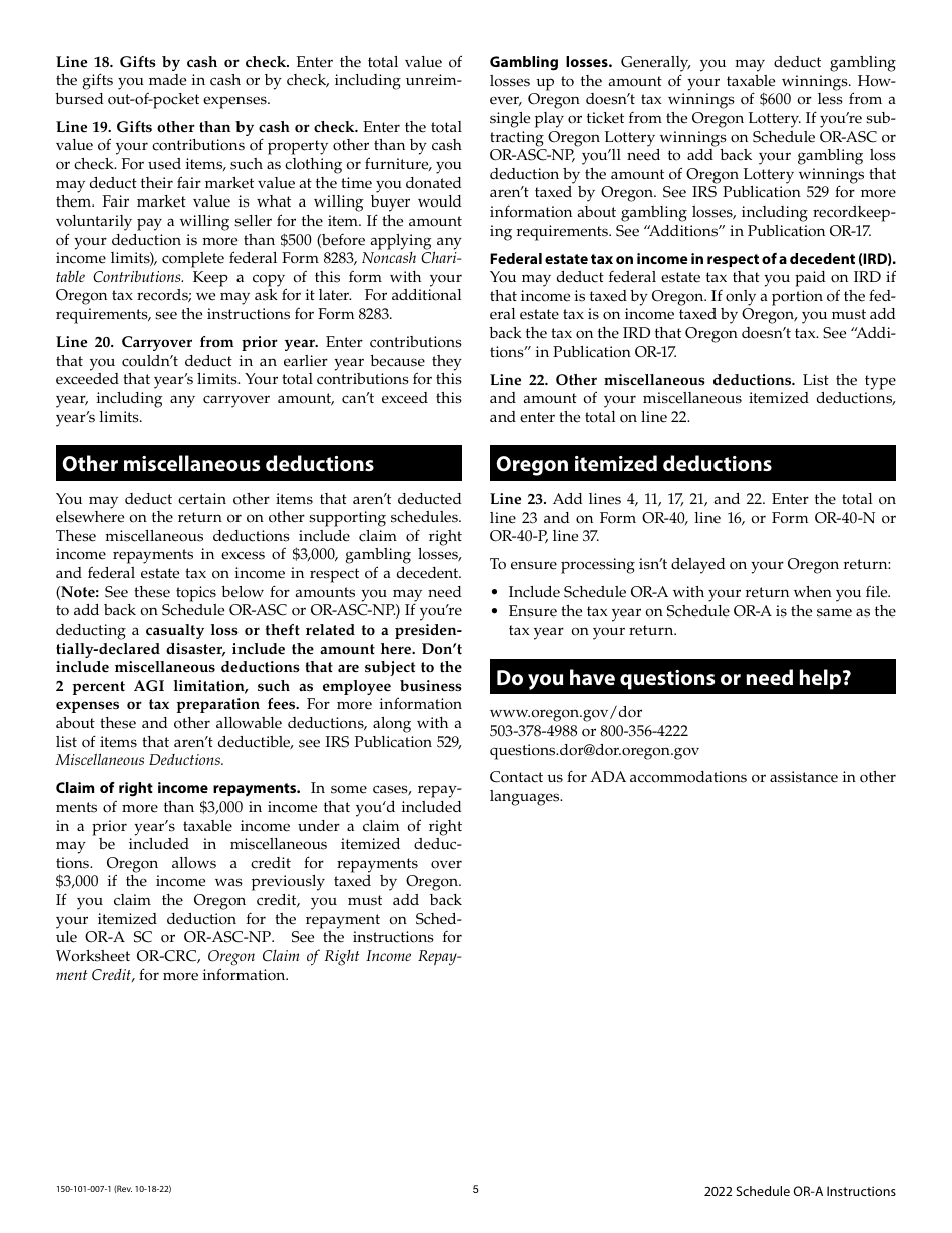 Instructions for Form 150-101-007 Schedule OR-A Oregon Itemized Deductions - Oregon, Page 5