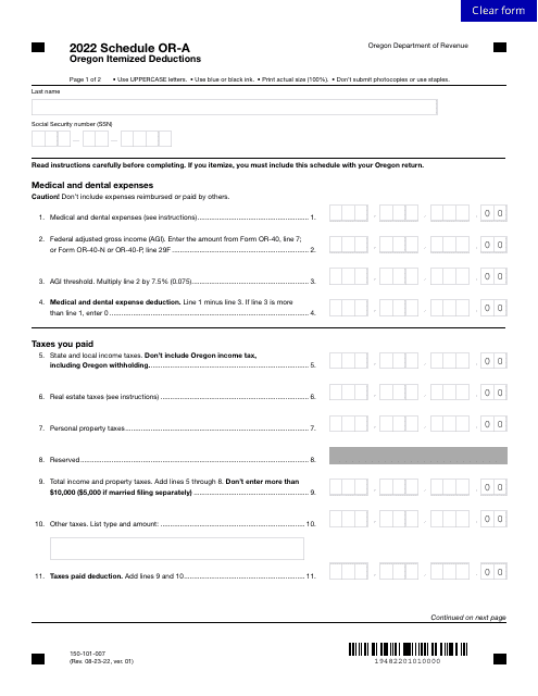 Form 150-101-007 Schedule OR-A 2022 Printable Pdf