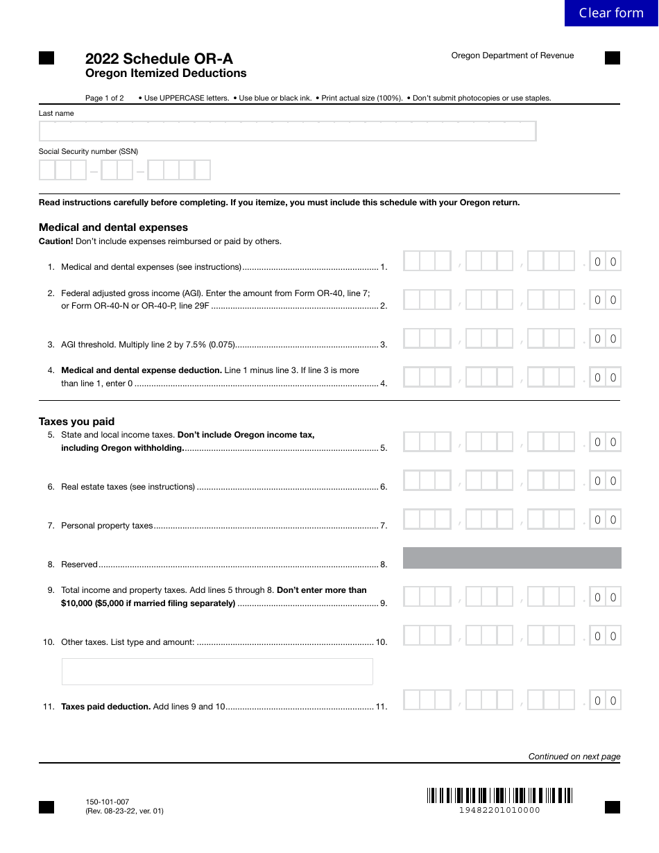 Form 150101007 Schedule ORA Download Fillable PDF or Fill Online Oregon Itemized Deductions