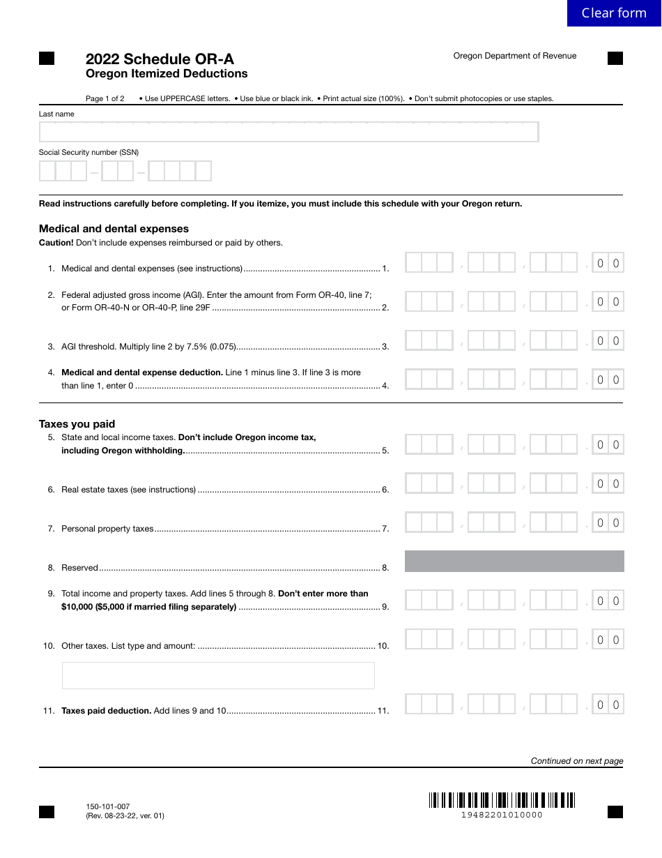 Form 150-101-007 Schedule OR-A Oregon Itemized Deductions - Oregon, Page 1