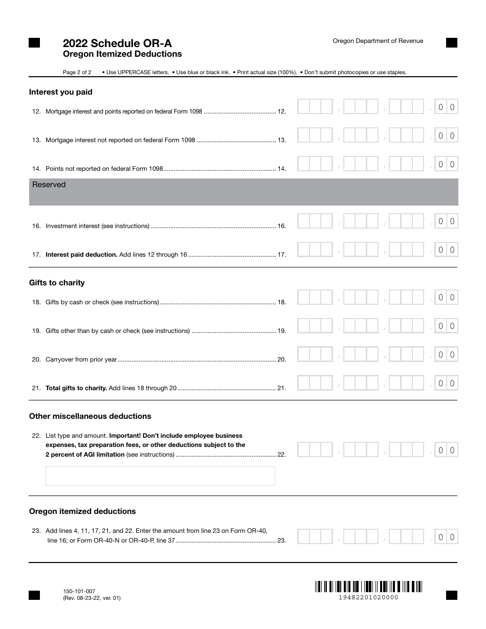 Form 150-101-007 Schedule OR-A Oregon Itemized Deductions - Oregon, Page 2
