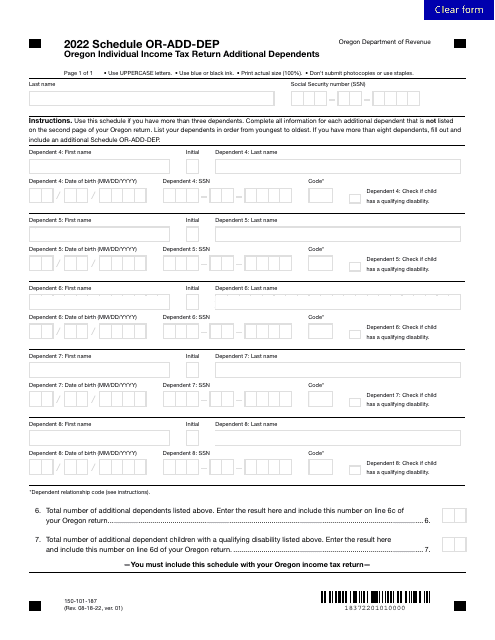 Form 150-101-187 Schedule OR-ADD-DEP 2022 Printable Pdf