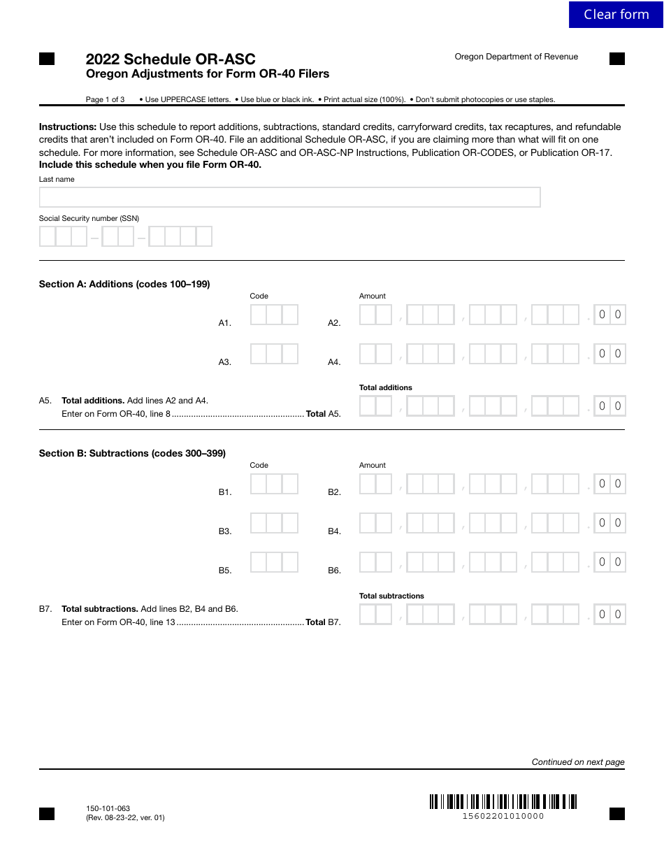 Form 150-101-063 Schedule OR-ASC Oregon Adjustments for Form or-40 Filers - Oregon, Page 1