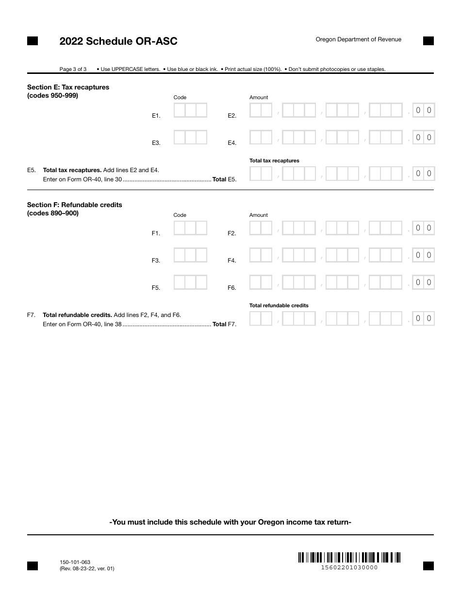 Form 150-101-063 Schedule OR-ASC Oregon Adjustments for Form or-40 Filers - Oregon, Page 3