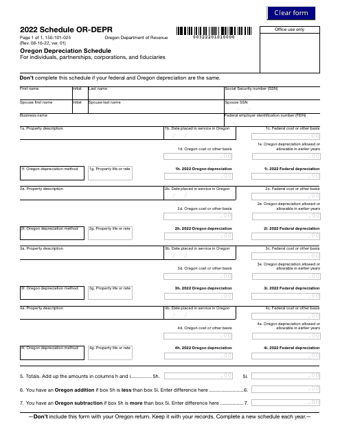 Form 150-101-025 Schedule OR-DEPR 2022 Printable Pdf