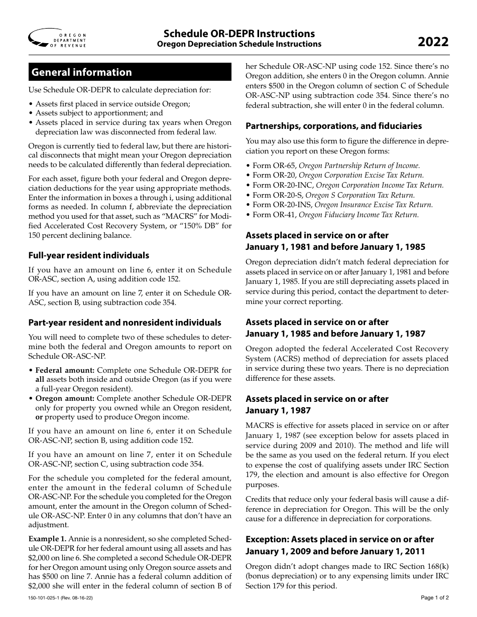 Instructions for Form 150-101-025 Schedule OR-DEPR Oregon Depreciation Schedule - Oregon, Page 1
