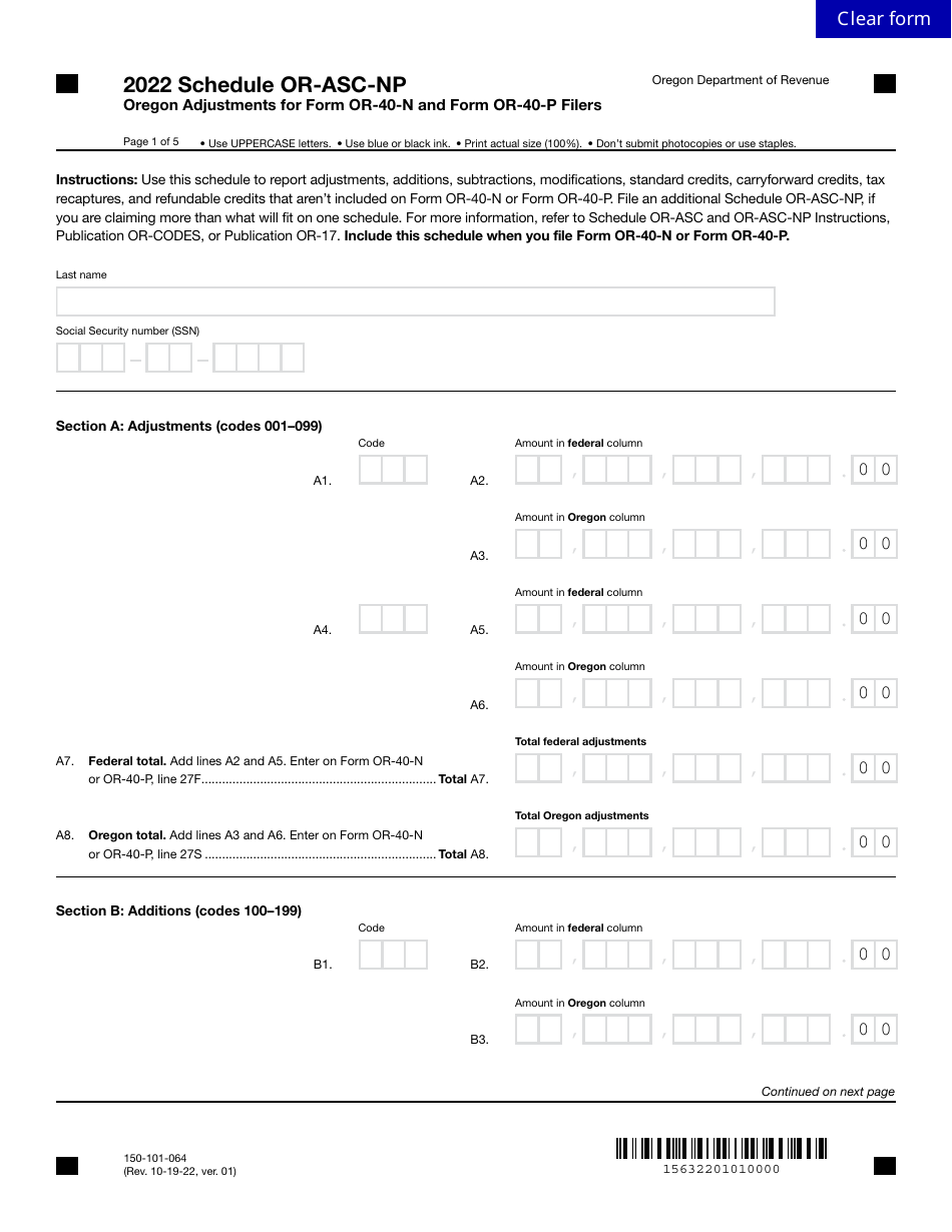 Form 150-101-064 Schedule OR-ASC-NP Oregon Adjustments for Form or-40-n and Form or-40-p Filers - Oregon, Page 1