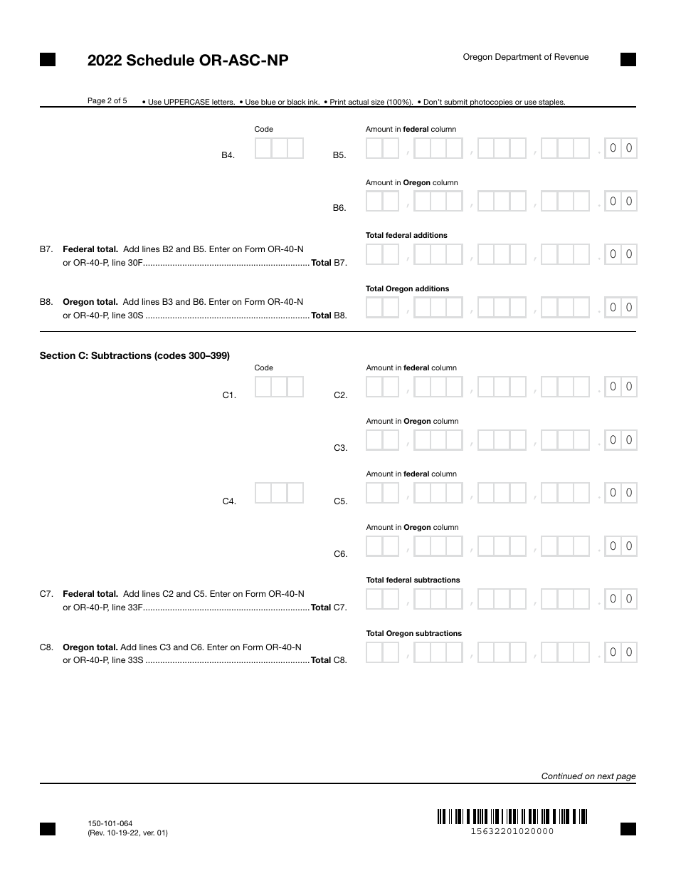 Form 150-101-064 Schedule OR-ASC-NP Oregon Adjustments for Form or-40-n and Form or-40-p Filers - Oregon, Page 2