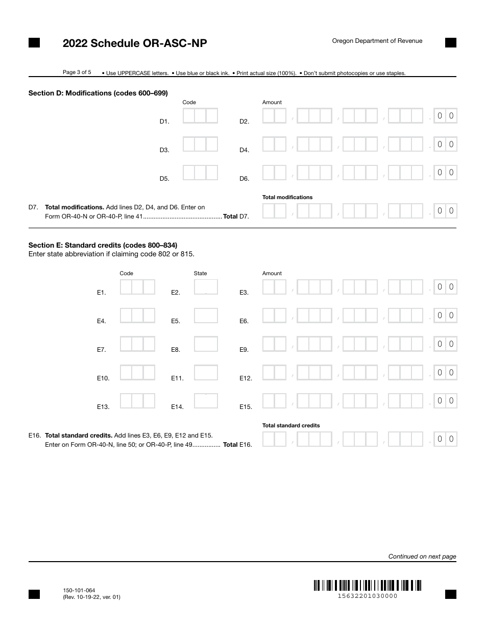 Form 150-101-064 Schedule OR-ASC-NP Oregon Adjustments for Form or-40-n and Form or-40-p Filers - Oregon, Page 3