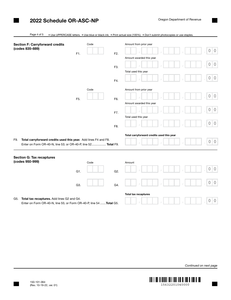 Form 150-101-064 Schedule OR-ASC-NP Oregon Adjustments for Form or-40-n and Form or-40-p Filers - Oregon, Page 4