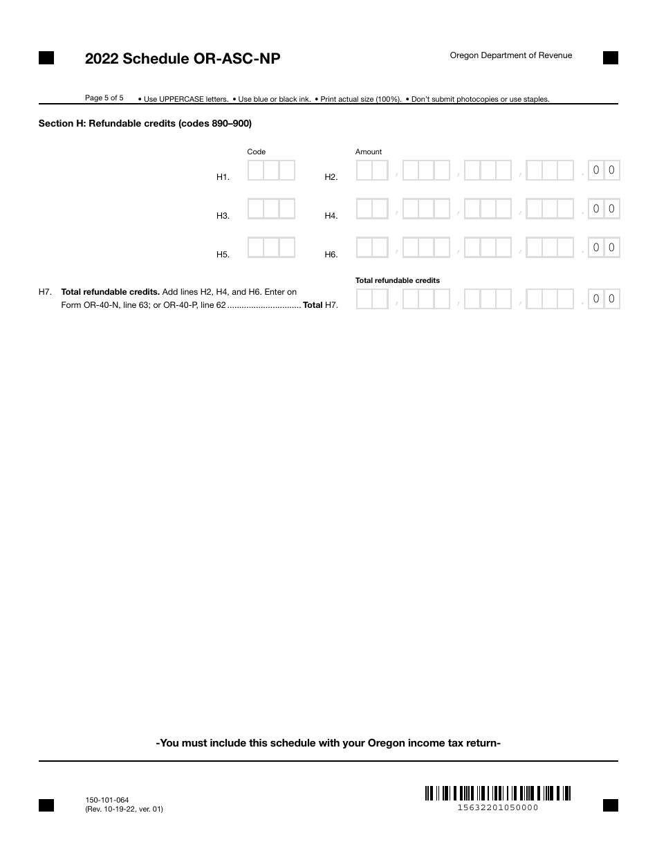 Form 150-101-064 Schedule OR-ASC-NP Oregon Adjustments for Form or-40-n and Form or-40-p Filers - Oregon, Page 5