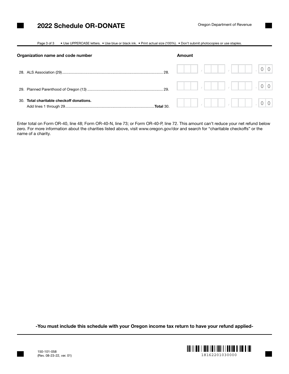 Form 150-101-058 Schedule OR-DONATE Oregon Charitable Checkoff Donations - Oregon, Page 3
