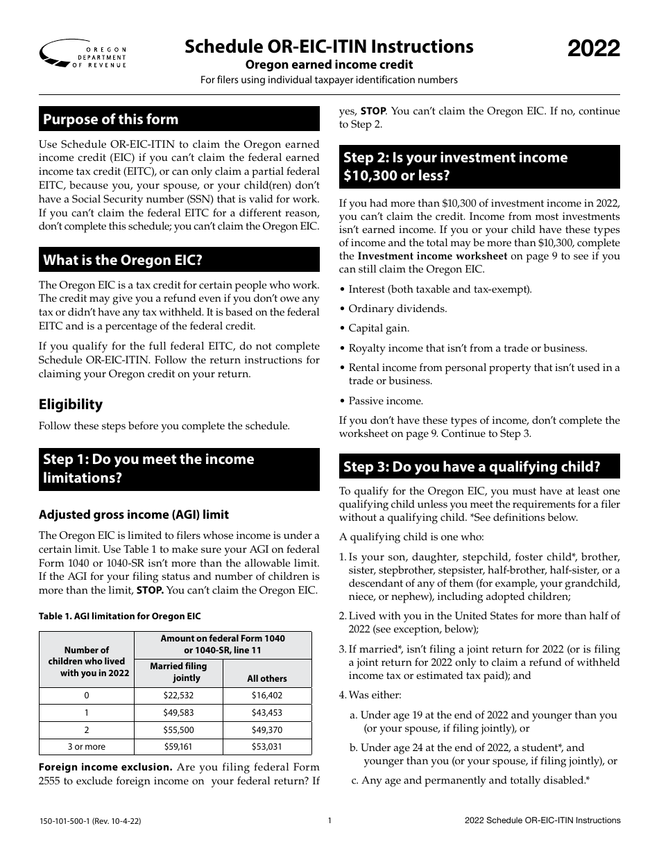 Download Instructions for Form 150101500 Schedule OREICITIN Oregon