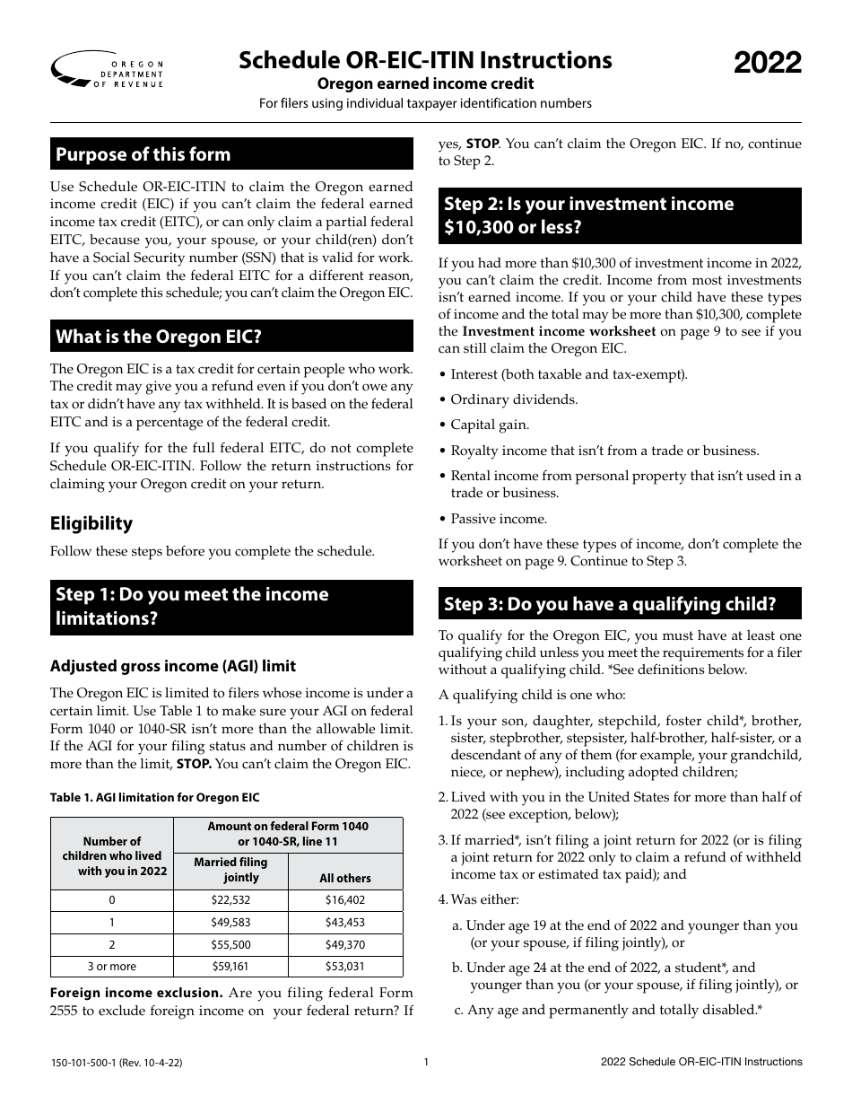 Instructions for Form 150-101-500 Schedule OR-EIC-ITIN Oregon Earned Income Credit for Filers Using Individual Taxpayer Identification Numbers - Oregon, Page 1