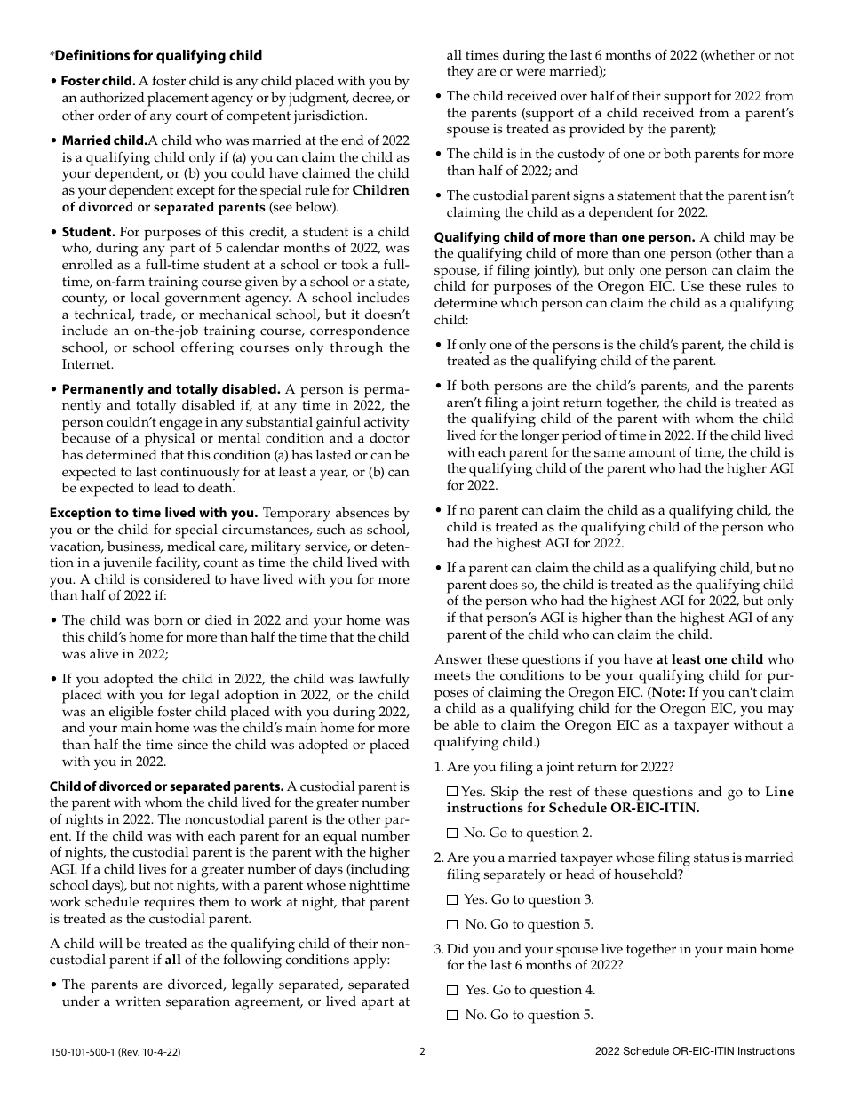 Instructions for Form 150-101-500 Schedule OR-EIC-ITIN Oregon Earned Income Credit for Filers Using Individual Taxpayer Identification Numbers - Oregon, Page 2