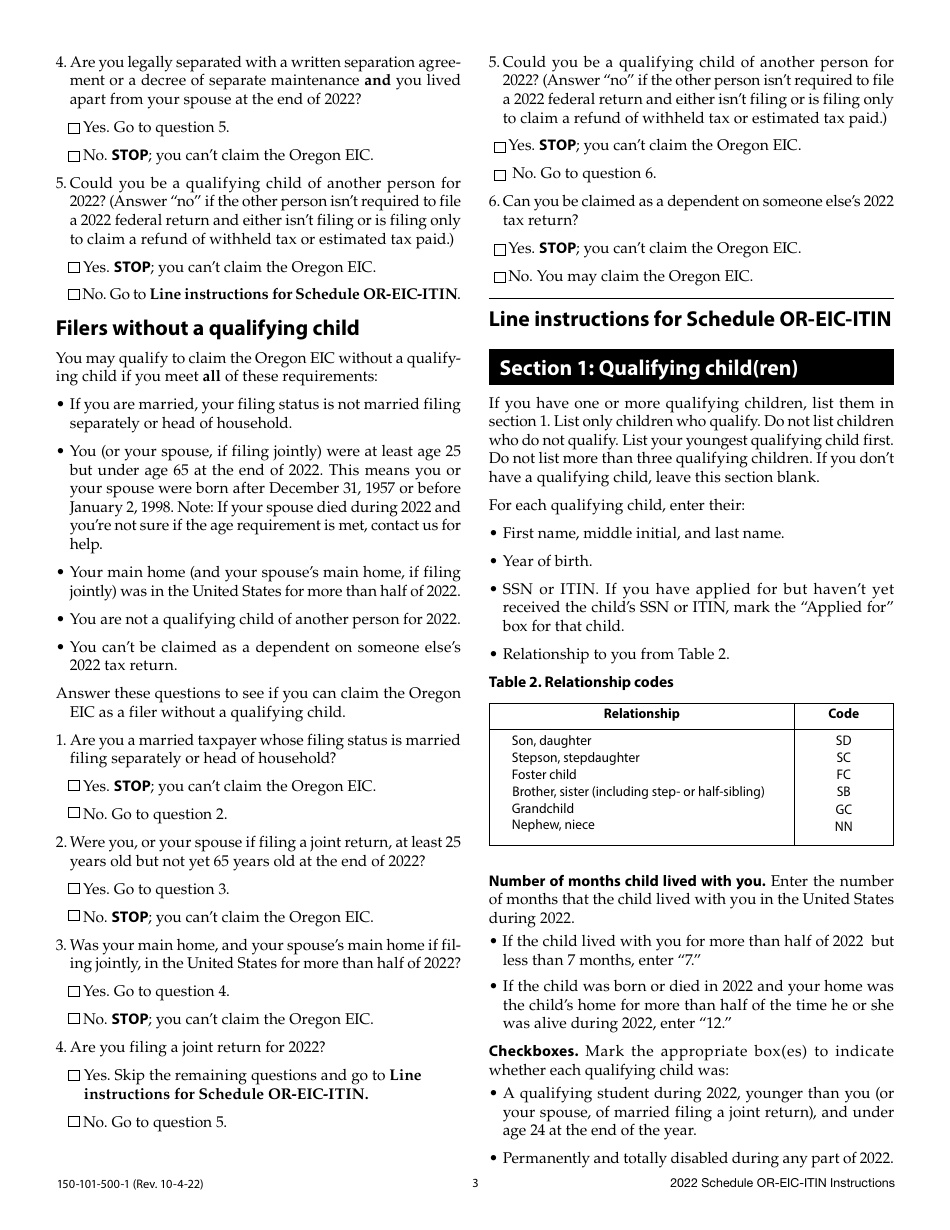 Instructions for Form 150-101-500 Schedule OR-EIC-ITIN Oregon Earned Income Credit for Filers Using Individual Taxpayer Identification Numbers - Oregon, Page 3