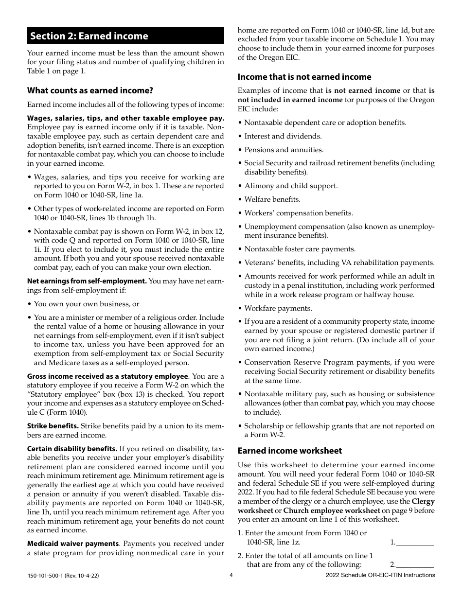 Instructions for Form 150-101-500 Schedule OR-EIC-ITIN Oregon Earned Income Credit for Filers Using Individual Taxpayer Identification Numbers - Oregon, Page 4