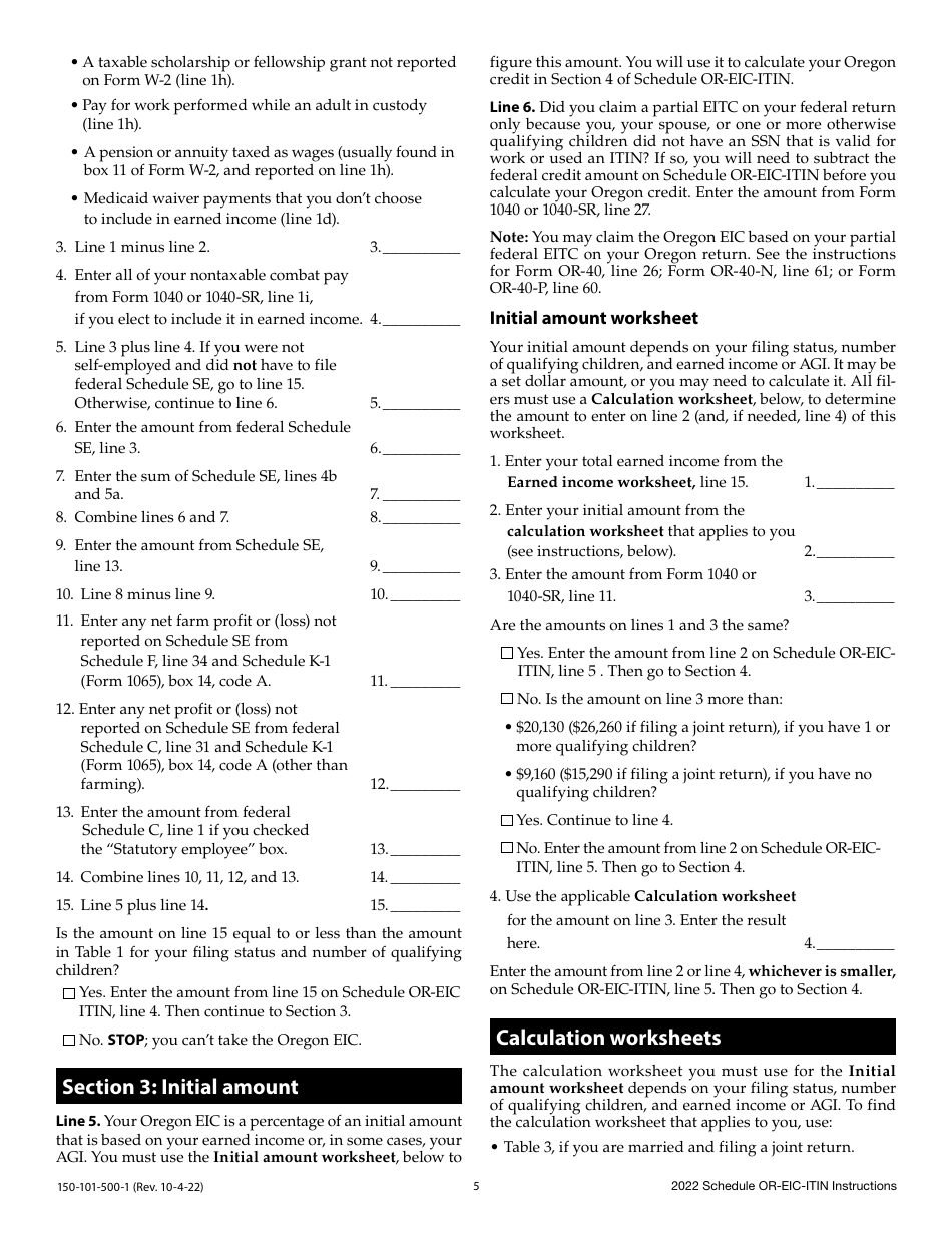 Instructions for Form 150-101-500 Schedule OR-EIC-ITIN Oregon Earned Income Credit for Filers Using Individual Taxpayer Identification Numbers - Oregon, Page 5