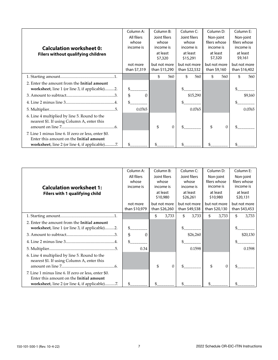 Instructions for Form 150-101-500 Schedule OR-EIC-ITIN Oregon Earned Income Credit for Filers Using Individual Taxpayer Identification Numbers - Oregon, Page 7