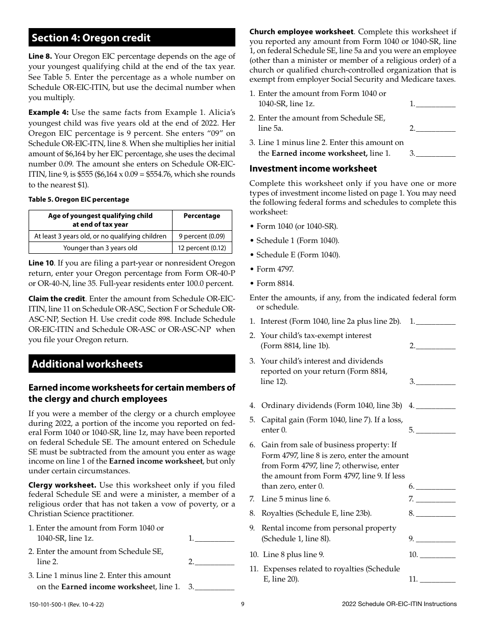 Instructions for Form 150-101-500 Schedule OR-EIC-ITIN Oregon Earned Income Credit for Filers Using Individual Taxpayer Identification Numbers - Oregon, Page 9