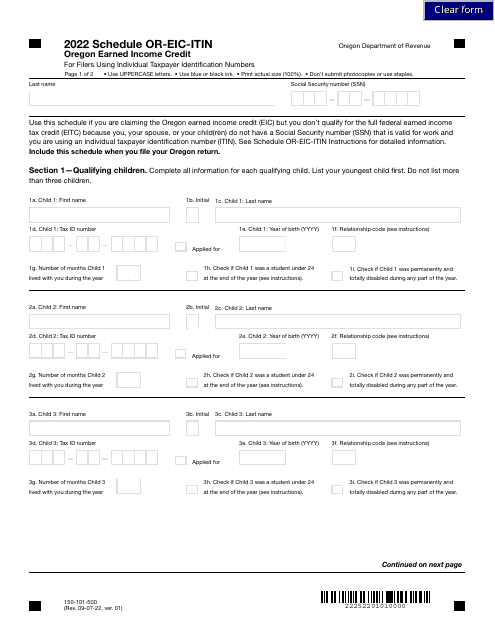 Form 150-101-500 Schedule OR-EIC-ITIN 2022 Printable Pdf