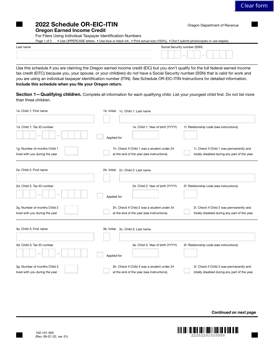 Form 150-101-500 Schedule OR-EIC-ITIN Oregon Earned Income Credit for Filers Using Individual Taxpayer Identification Numbers - Oregon, Page 1