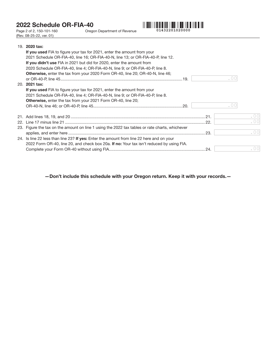 Form OR-FIA-40 (150-101-160) Oregon Farm Income Averaging for Full-Year Residents - Oregon, Page 2