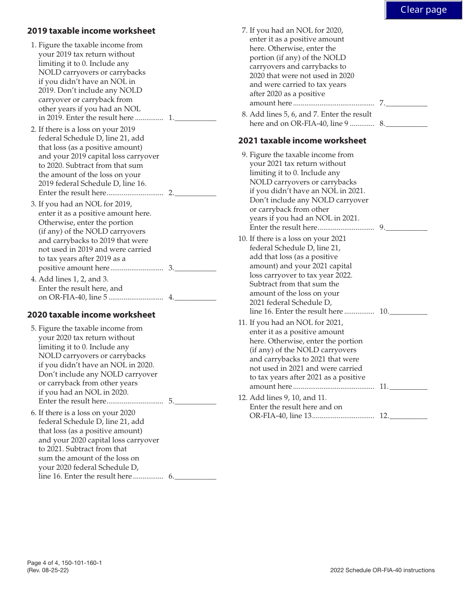 Instructions for Form 150-101-160 Schedule OR-FIA-40 Oregon Farm Income Averaging for Full-Year Residents - Oregon, Page 4