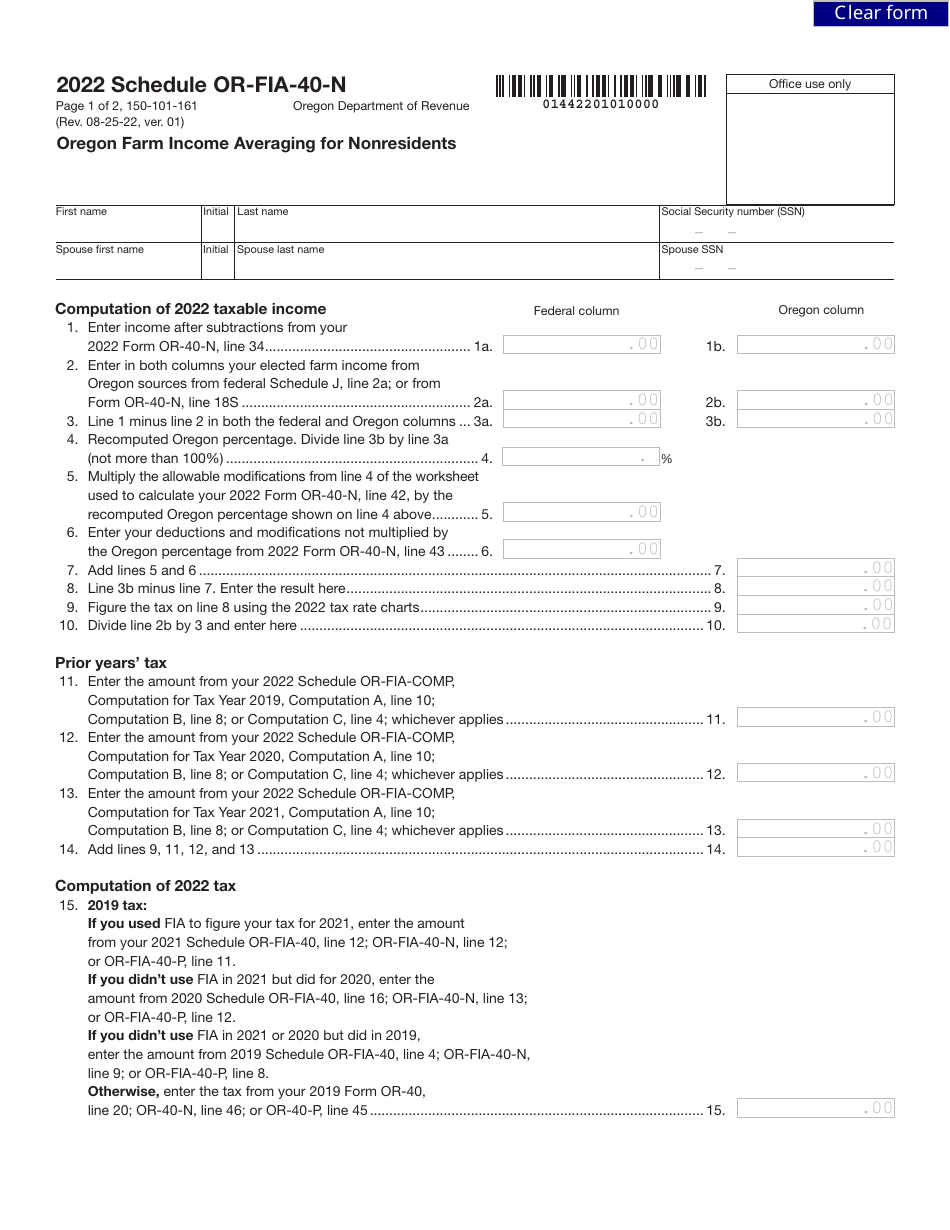 Form 150-101-161 Schedule OR-FIA-40-N Oregon Farm Income Averaging for Nonresidents - Oregon, Page 1